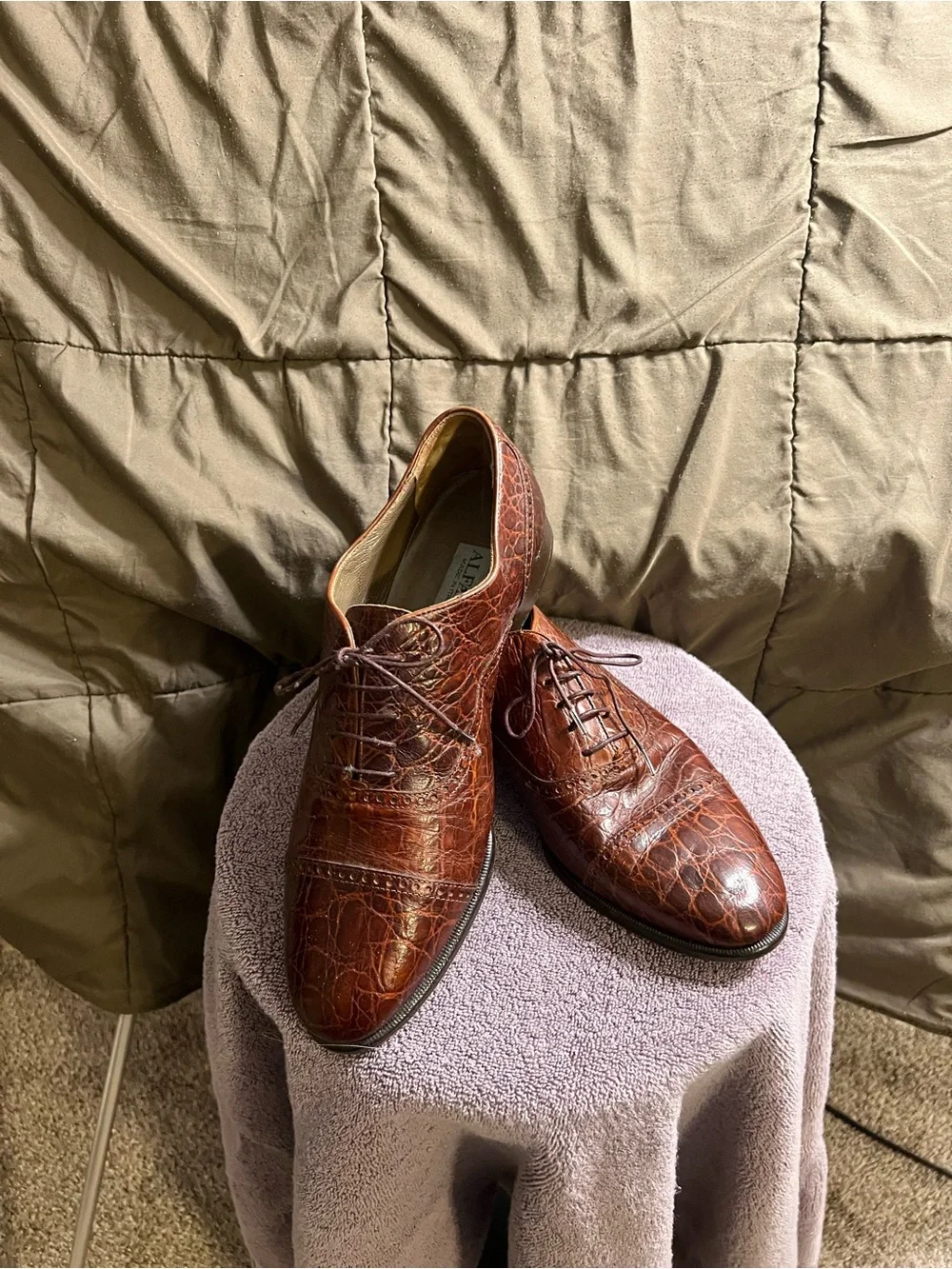 Alfani Brown Croc-Embossed Leather Lace-Up Oxfords